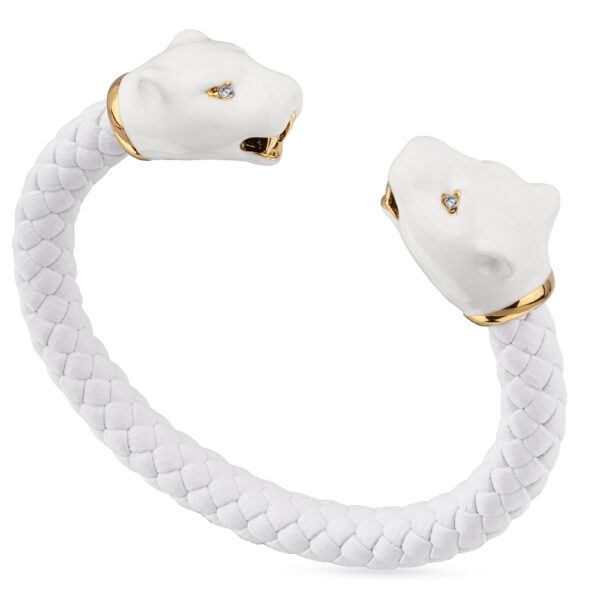 Браслет пантера (эмаль белая, кожа белая, кристаллы SW белые; золото)