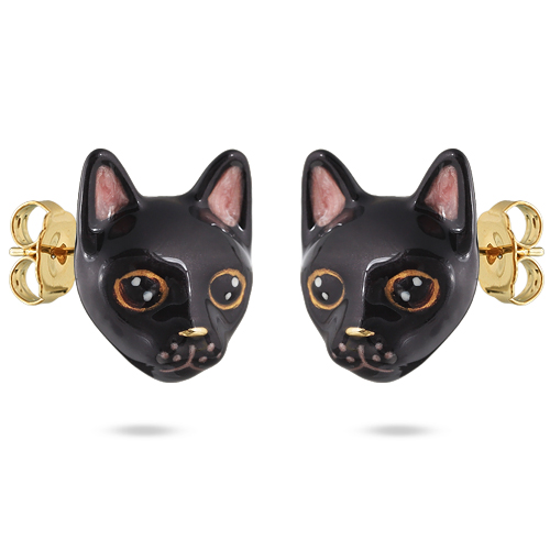 Серьги кошка (эмаль черная, розовая; покрытие золото)