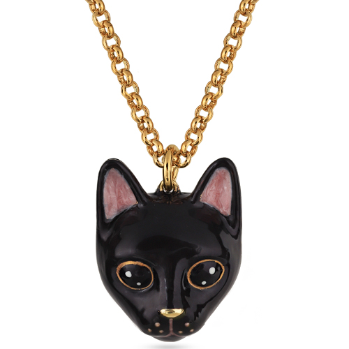 Кулон кошка (эмаль черная, розовая 4.5см; покрытие золото) 90см