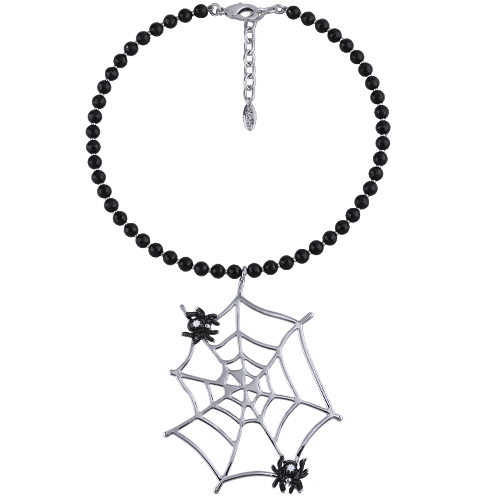 Колье паук (эмаль черная, белая, агат черный 6мм; покрытие родий) 38-45см
