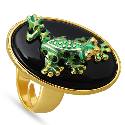 Кольцо лягушка (эмаль зеленая; покрытие золото)