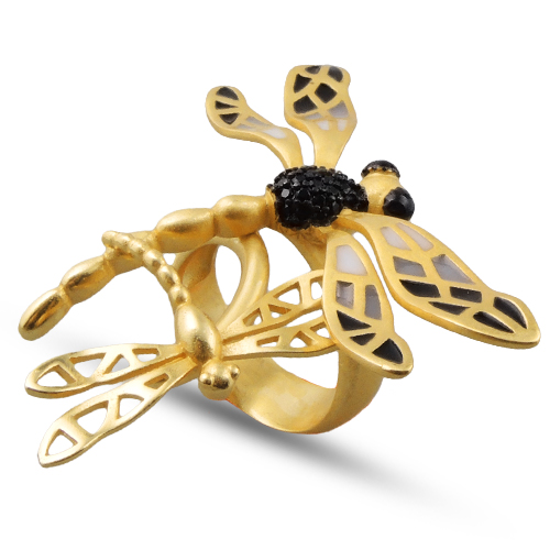 Кольцо стрекоза (эмаль черная, серая; покрытие матовое золото)