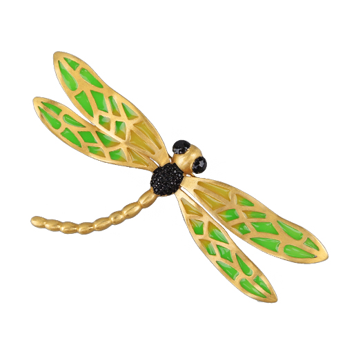 Брошь стрекоза 8см (эмаль зеленая, желтая; покрытие матовое золото)