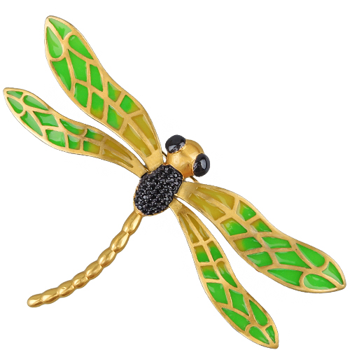 Брошь стрекоза 10см (эмаль зеленая, желтая; покрытие матовое золото)