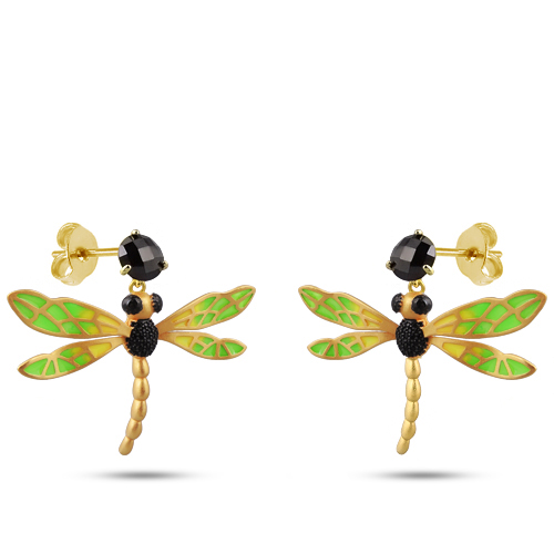 Серьги стрекоза (эмаль зеленая, желтая, агат; покрытие матовое золото)