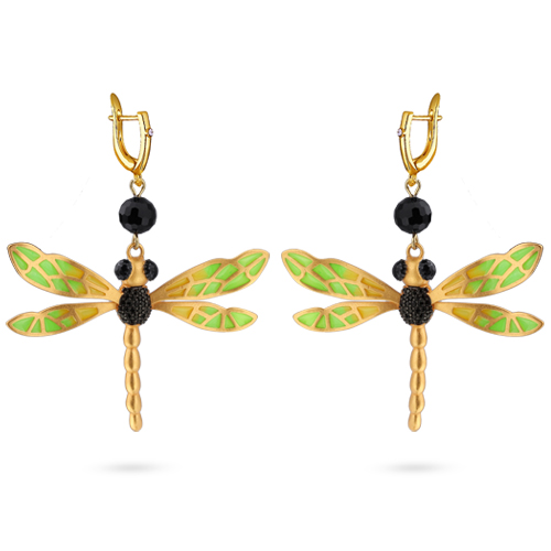 Серьги стрекоза (эмаль зеленая, желтая, агат; покрытие матовое золото)