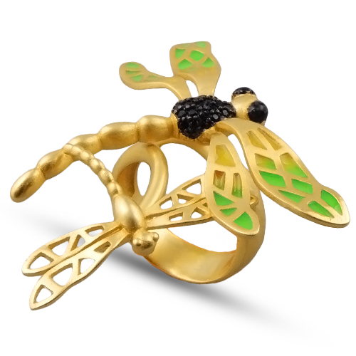 Кольцо стрекоза (эмаль зеленая, желтая; покрытие матовое золото)