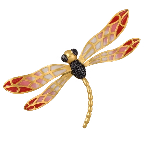Брошь стрекоза 10см (эмаль красная, розовая; покрытие матовое золото)