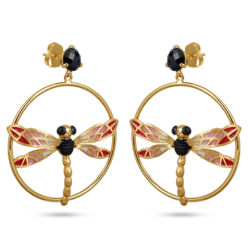 Серьги стрекоза (эмаль красная, розовая, агат; покрытие матовое золото)