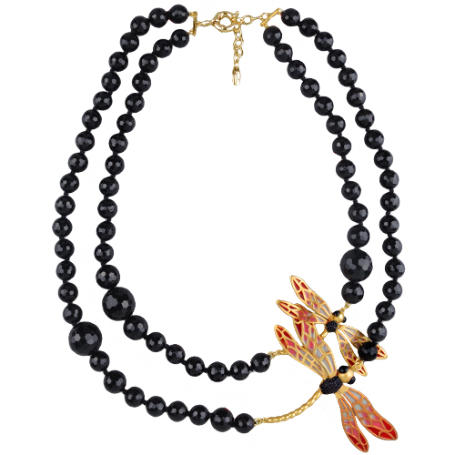 Колье стрекоза (эмаль красная, розовая, агат; покрытие матовое золото) 70см