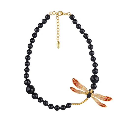 Колье стрекоза (эмаль красная, розовая, агат; покрытие матовое золото) 62см