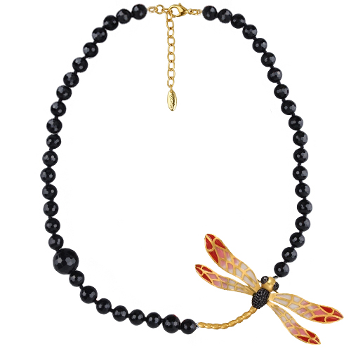 Колье стрекоза (эмаль красная, розовая, агат; покрытие матовое золото) 72см