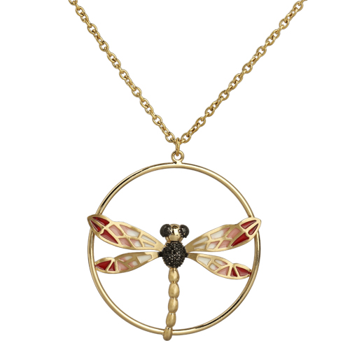 Кулон стрекоза (эмаль красная, розовая, агат; покрытие матовое золото) 86см