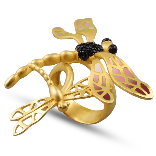 Кольцо стрекоза (эмаль красная, розовая; покрытие матовое золото)