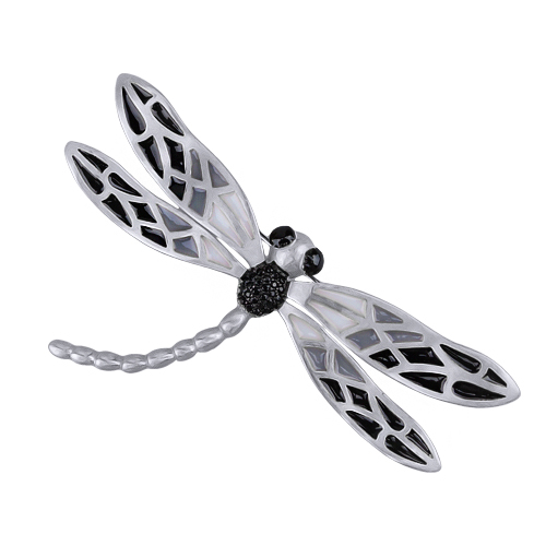 Брошь стрекоза 8см (эмаль черная, серая; покрытие матовый родий)