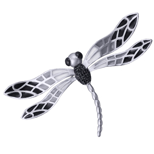Брошь стрекоза 10см (эмаль черная, серая; покрытие матовый родий)