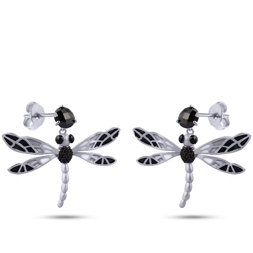 Купить серьги стрекоза (эмаль черная, серая, агат; покрытие матовый родий) - Uvelina