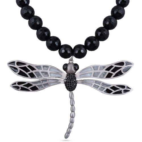 Колье стрекоза (эмаль серая, черная, агат; покрытие матовый родий) 45-50см