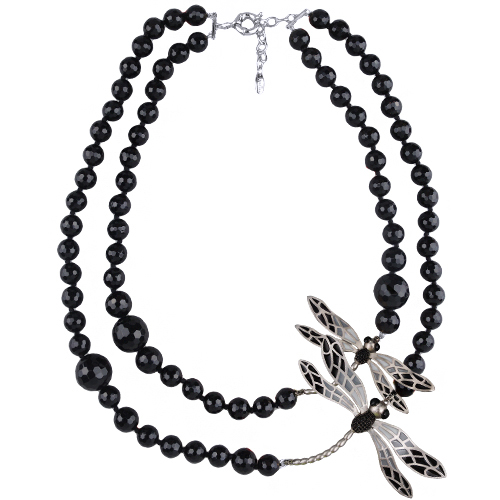 Колье стрекоза (эмаль серая, черная, агат; покрытие матовый родий) 65-70см