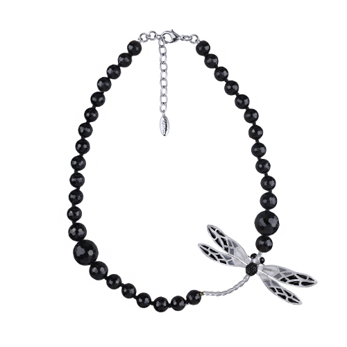 Колье стрекоза (эмаль серая, черная, агат; покрытие матовый родий) 62см