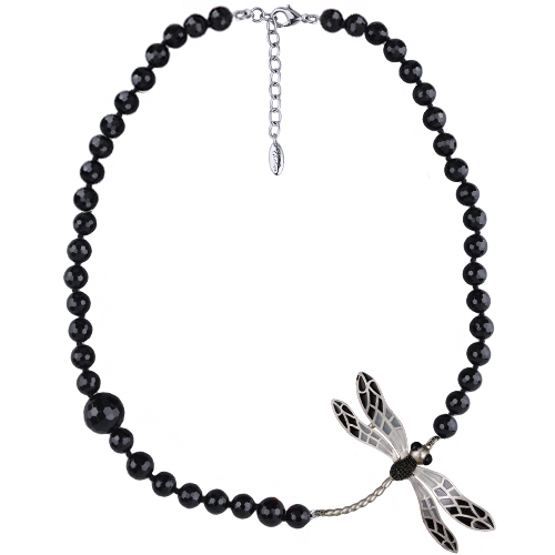 Колье стрекоза (эмаль серая, черная, агат; покрытие матовый родий) 72см