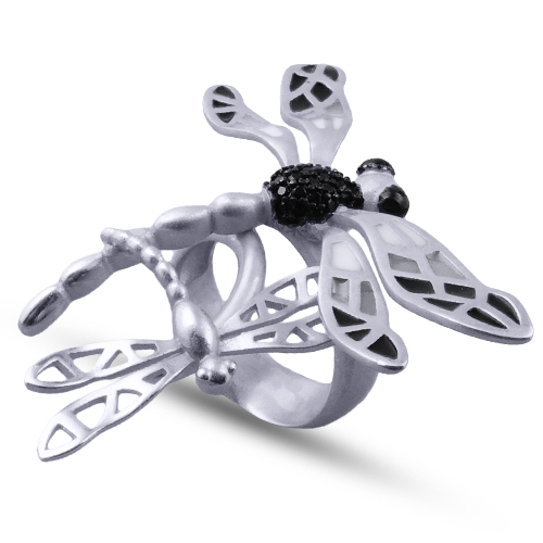 Кольцо стрекоза (эмаль черная, серая; покрытие матовый родий)