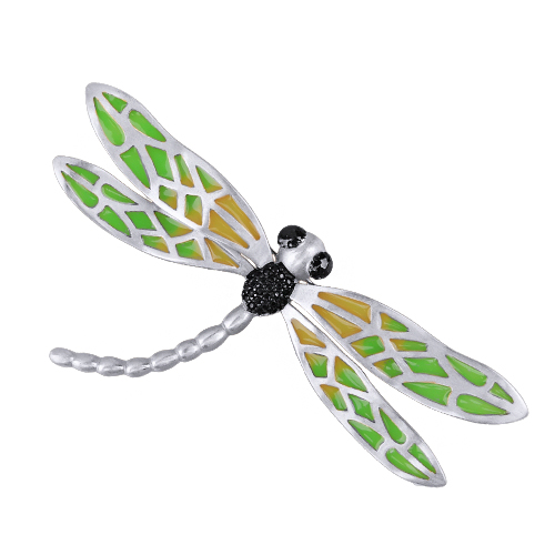 Брошь стрекоза 8см (эмаль зеленая, желтая; покрытие матовый родий)