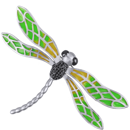 Брошь стрекоза 10см (эмаль зеленая, желтая; покрытие матовый родий)
