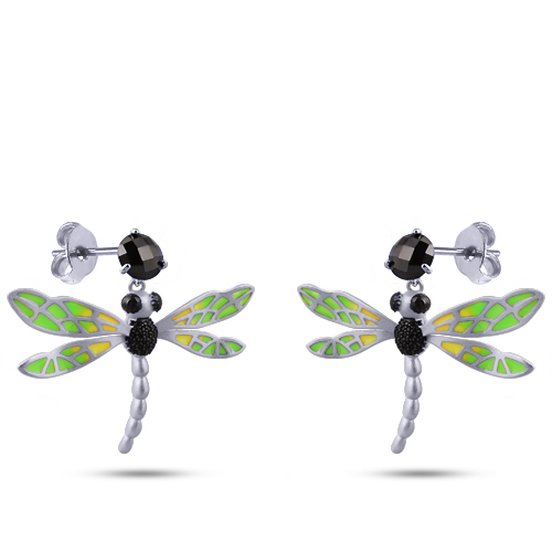 Серьги стрекоза (эмаль зеленая, желтая, агат; покрытие матовый родий)