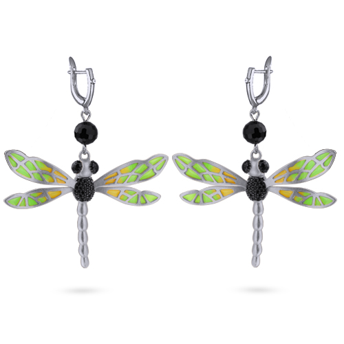 Серьги стрекоза (эмаль зеленая, желтая, агат; покрытие матовый родий)