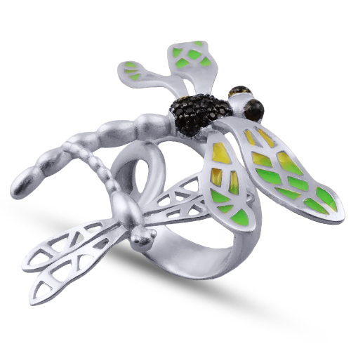 Кольцо стрекоза (эмаль зеленая, желтая; покрытие матовый родий)