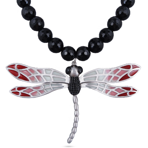 Колье стрекоза (эмаль серая, красная, агат; покрытие матовый родий) 45-50см