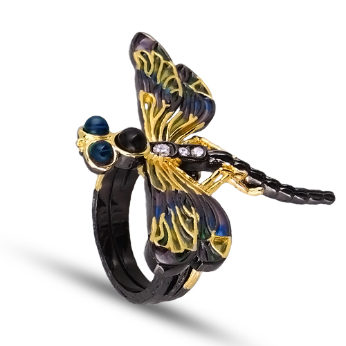 Кольцо стрекоза (эмаль микс; покрытие черный родий, золото)