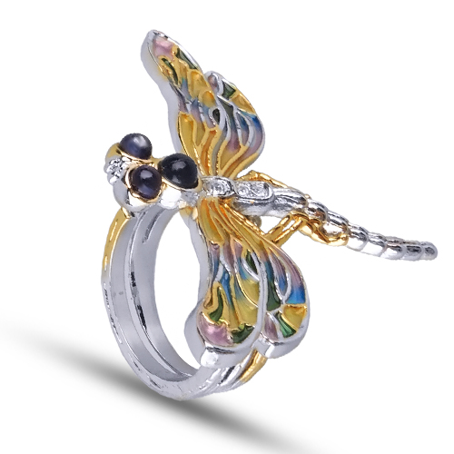 Кольцо стрекоза (эмаль микс; покрытие родий, золото)