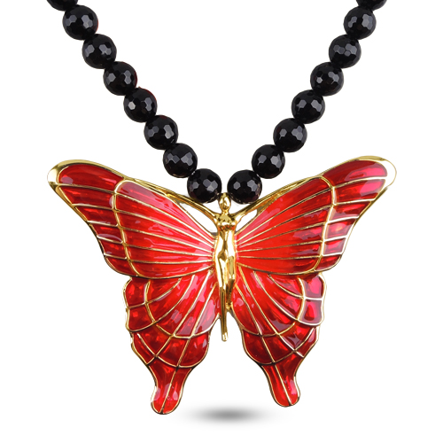 Колье бабочка (эмаль красная, агат; покрытие золото) 40-45см