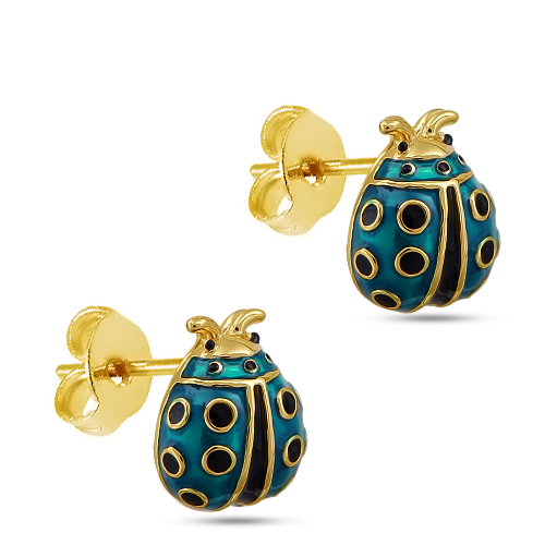 Пусеты божья коровка (эмаль изумрудная, черная; покрытие золото)