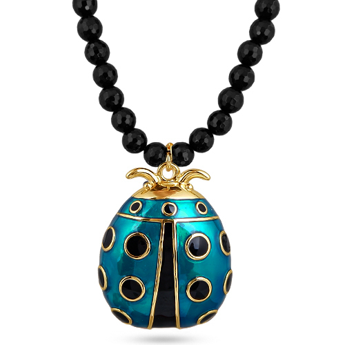 Колье божья коровка (эмаль изумрудная, черная, агат; покрытие золото) 45-50см