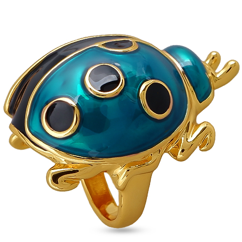 Кольцо божья коровка (эмаль изумрудная, черная; покрытие золото)