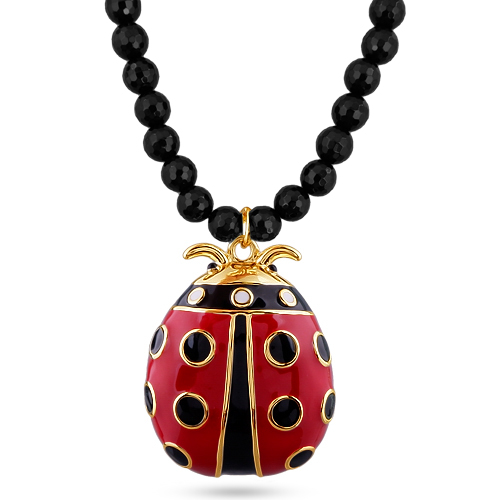 Колье божья коровка (эмаль красная, черная, агат; покрытие золото) 45-50см