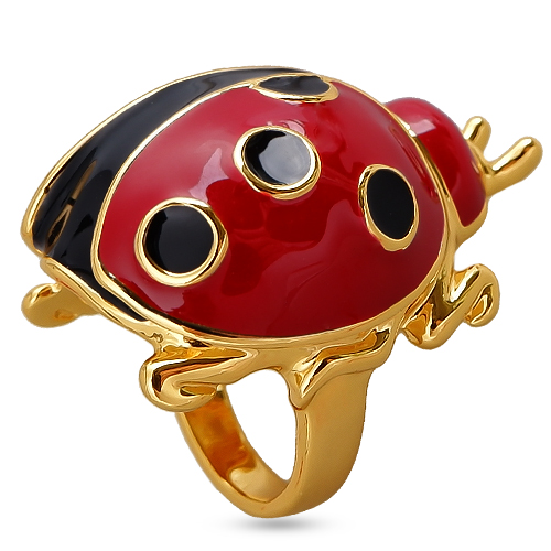 Кольцо божья коровка (эмаль красная, черная; покрытие золото)