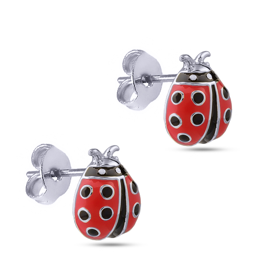 Пусеты божья коровка (эмаль красная, черная; покрытие родий)