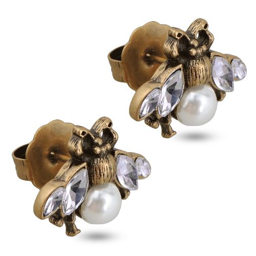 Пусеты (Майорка белая, кристаллы белые; покрытие античное золото)