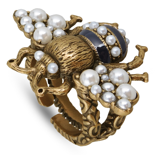 Кольцо (Майорка белая, эмаль черная; покрытие античное золото)