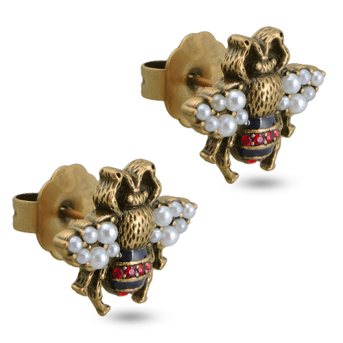 Пусеты (Майорка белая, кристаллы красные; покрытие античное золото)