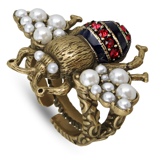 Кольцо (Майорка белая, кристаллы красные; покрытие античное золото)