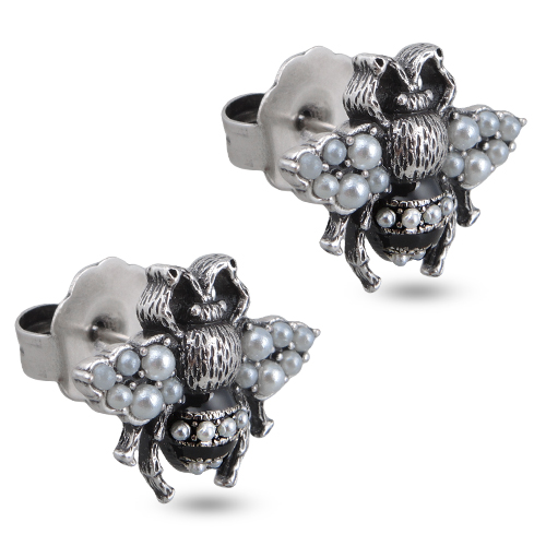 Пусеты (Майорка белая, эмаль черная; покрытие античное серебро)