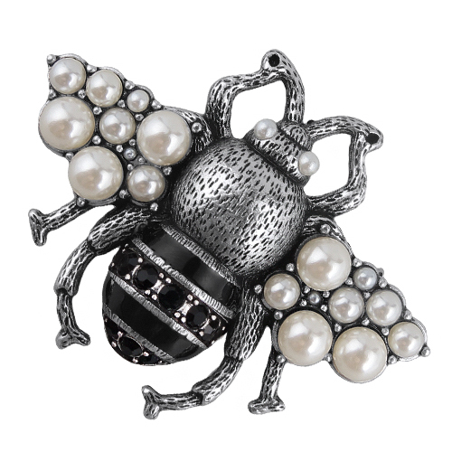 Брошь (Майорка белая, кристаллы черные; покрытие античное серебро)