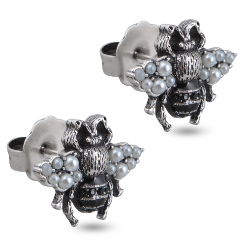 Пусеты (Майорка белая, кристаллы черные; покрытие античное серебро)