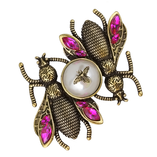 Брошь (Майорка белая, кристаллы фуксия; покрытие бронза)