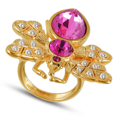 Кольцо мотылек (кристаллы SW розовые, белые; покрытие золото)